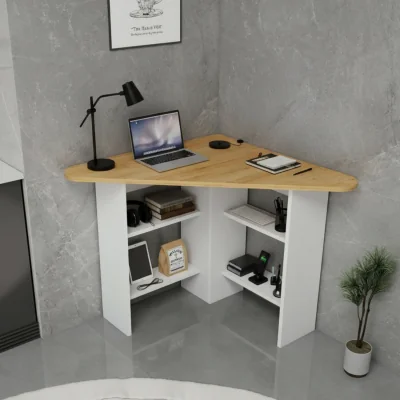 The Range Corner Corner Computer Desk with Shelves - Sapphire Oak & White / 105cm