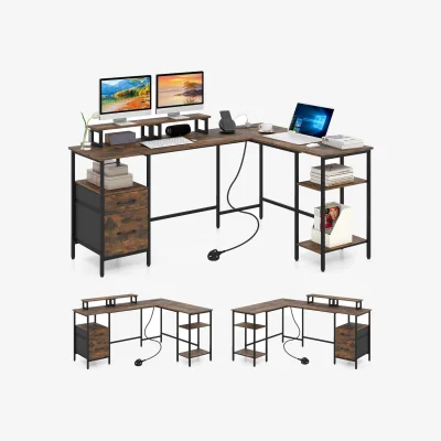 The Range L shaped Reversible Corner Desk with Monitor Stand-White - Brown
