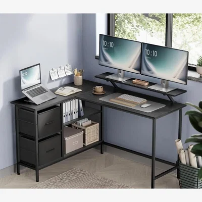 The Range Corner L-Shaped Computer Desk with Drawers and Monitor Shelf, Ergonomic Workstation - Ebony Black