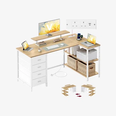 The Range VASAGLE L Shaped Corner Desk with Power Outlets, Storage, 4 Drawers - Natural Oak