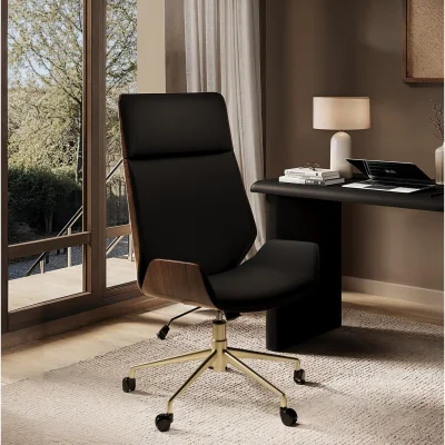 Furniture123 Black Faux Leather and Walnut Swivel Office Chair - Forest