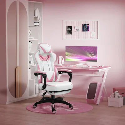 The Range Gaming Chair Ergonomic Reclining Chair with Footrest Arm Wheels - Pink, White