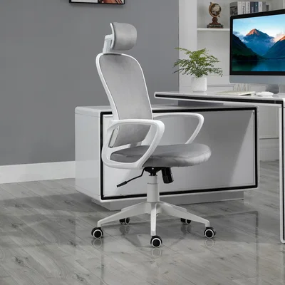 The Range High-Back Office Chair Rocking with Wheel, Up-Down Headrest - Grey and white
