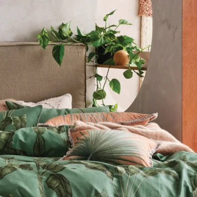 Dunelm Linen House Livia Leaf Green 100% Cotton Duvet Cover & Pilowcase Set Green