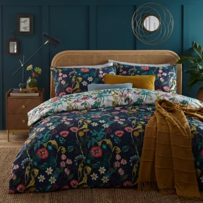 Dunelm furn. La Belle Midnight Blue Duvet Cover & Pilowcase Set Blue/Pink/Yellow