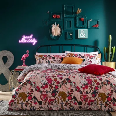 Dunelm furn. Inked Blush Duvet Cover & Pilowcase Set Blush/Blue/Green