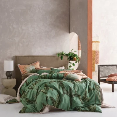 Dunelm Linen House Livia Leaf Green 100% Cotton Duvet Cover & Pilowcase Set Green