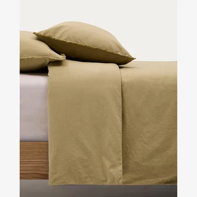 Kave Home Sifinia green duvet cover and pillowcase set, 100% cotton percale fringes, 180 cm bed