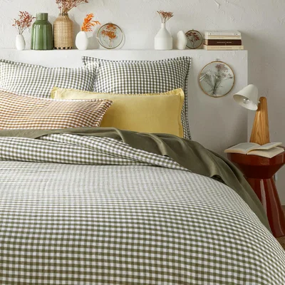La Redoute Acélie Khaki Gingham 100% Washed Linen Duvet Cover