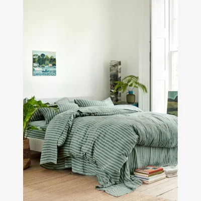 Marks & Spencer Piglet In Bed Pure Linen Pembroke Stripe Duvet Cover Green Mix