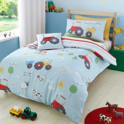 Downtown Bedlam Farmyard Friends Blue Duvet Cover Set, Cotton, Striped