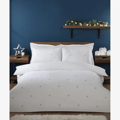The Range Stars Embroidered Duvet Cover and Pillowcase Set - White / Double