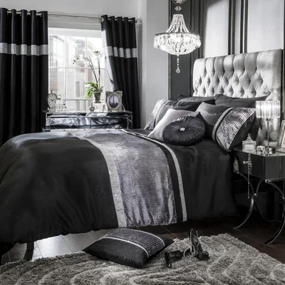 The Range Crushed Velvet Diamante Luxurious Duvet Cover and Pillowcase Set - Black / King