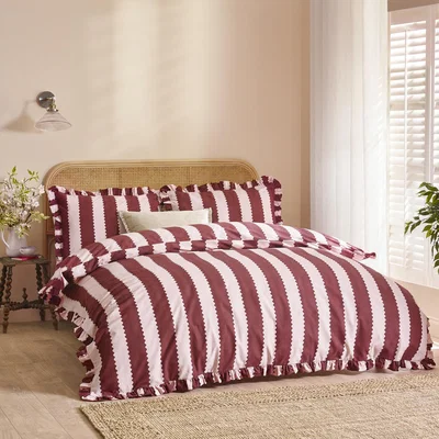 The Range Birdie Stripe Ruffle Duvet Cover Set - Burgundy-Blossom / Single