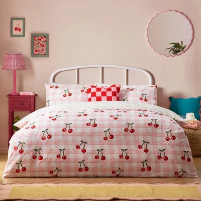 The Range Cherry Gingham Printed Duvet Cover Set - Pink / Single