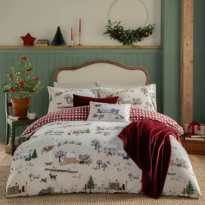 The Range Cotswolds Christmas Printed Reversible Duvet Cover Set Double - Cream/Burgundy