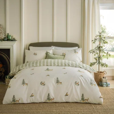 The Range Charlecote Printed Cotton Duvet Cover Set Super King - Green/Natural