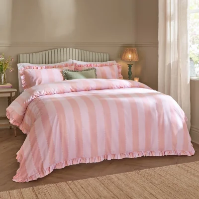 The Range Birdie Stripe Ruffle Duvet Cover Set - Pink-Raspberry / King