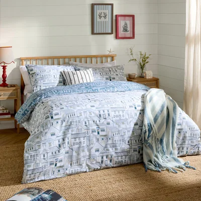 The Range Abersoch Town Reversible Cotton Duvet Cover Set - Sea Blue / King