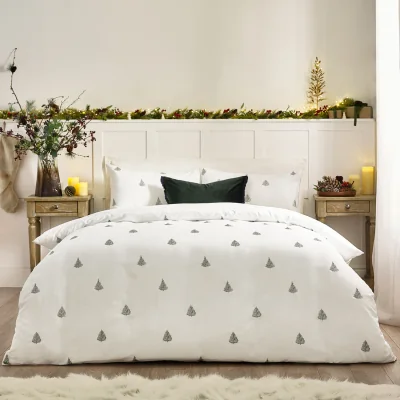 The Range Winter Forest Cotton Embroidered Duvet Cover Set - White-Forest Green