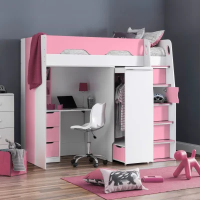 Happy Beds Pegasus - Single - Kids High Sleeper Bed - Wardrobe - Desk and Storage - Pink and White - Wooden - 3ft - Happy Beds