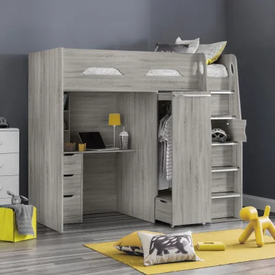 Happy Beds Pegasus - Single - Kids High Sleeper Bed - Wardrobe - Desk and Storage - Grey Oak - Wooden - 3ft - Happy Beds