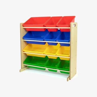 The Range Kids Wooden Toy Storage Organiser with 12 Removable Rainbow Storage Bins Playroom Bedroom Set - Brown