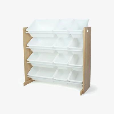 The Range Kids Wooden Toy Storage Organiser with 12 Plastic Storage Bins Beige Playroom Unit for Toddlers - White