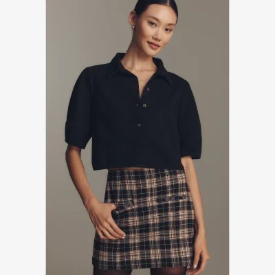 Anthropologie Pilcro Lantern-Sleeve Collared Crop Blouse