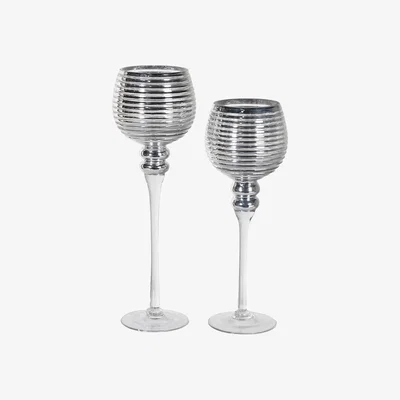 Barker and Stonehouse Set of 2 Ribbed Glass Candleholders, Silver | Barker & Stonehouse