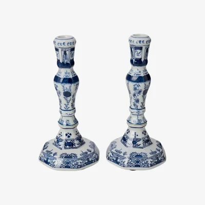 Casa by JJ Rijksmuseum Delft Blue and White Candle Holders (Pair)