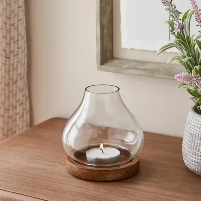 Dunelm Mango Wood Hurricane Tealight Candle Holder