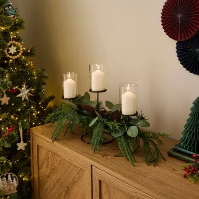 Dunelm Artificial Evergreen & Pinecone Triple Candle Holder