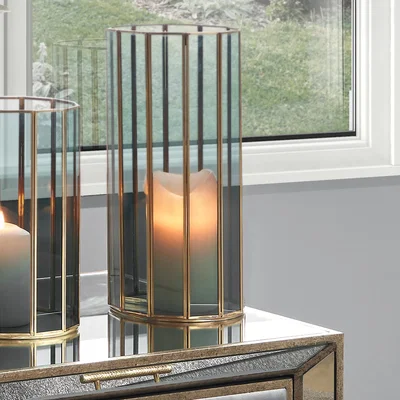Dunelm Brass & Smoked Glass Panelled Hurricane Candle Holder