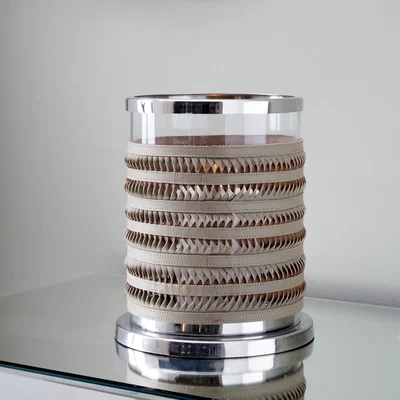 Dunelm Silver & Grey Plaited Leather Hurricane Candle Holder