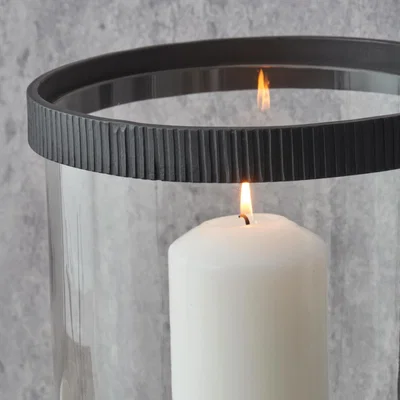 Dunelm Black Ribbed Metal Glass Cylinder Hurricane Candle Holder