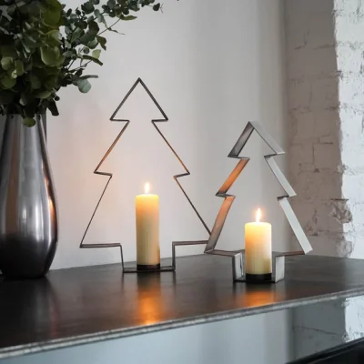 Dunelm Set of 2 Metal Pewter Christmas Tree Candle Holders Pewter