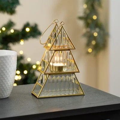 Dunelm Gold & Ribbed Glass Tree Candle Holder