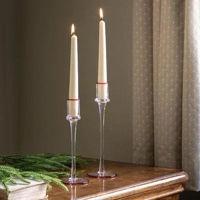 Dunelm Set of 2 Red Rim icicle Glass Candle Stick Holders