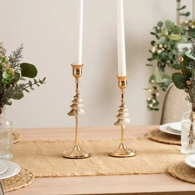 Dunelm Set of 2 Gold Christmas Tree Candle Holders