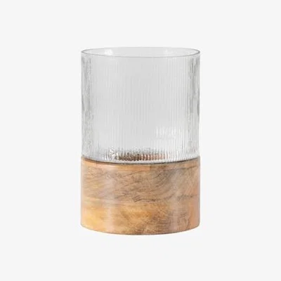 Dunelm Cedar & Sage Belver Mango Wood & Fluted Glass Hurricane Candle Holder