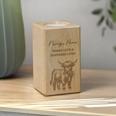 Dunelm Personalised Highland Cow Wooden Tealight Holder