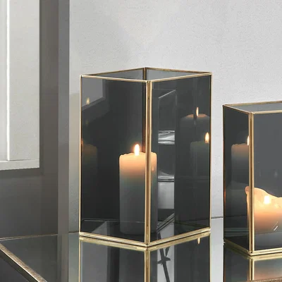 Dunelm Brass & Smoked Glass Panelled Square Hurricane Candle Holder