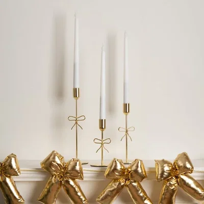 Dunelm Set of 3 Gold Bow Candle Holders