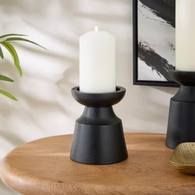 Dunelm Black Mango Wood Sculpted Pillar Candle Holder