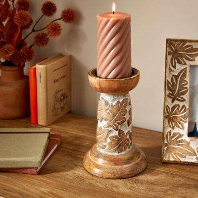 Dunelm Carved Leaves Mango Wood Pillar Candle Holder