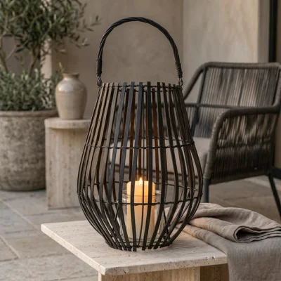 Dunelm Matt Black Slatted Lantern With Handle