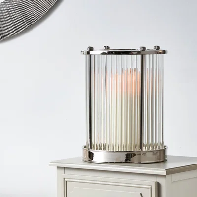 Dunelm Silver & Ribbed Glass Hurricane Candle Holder