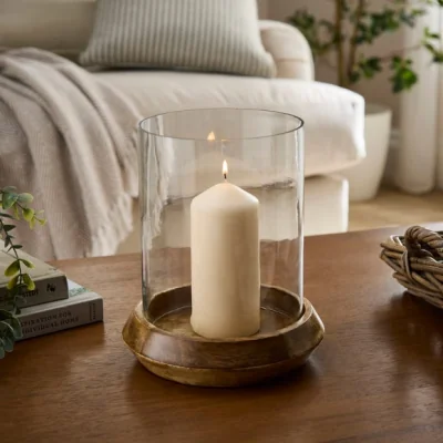 Dunelm Mango Wood & Glass Hurricane Candle Holder