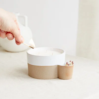 Dunelm Scandi Two Toned Match Holder Lemon & Lavender Wick Candle White